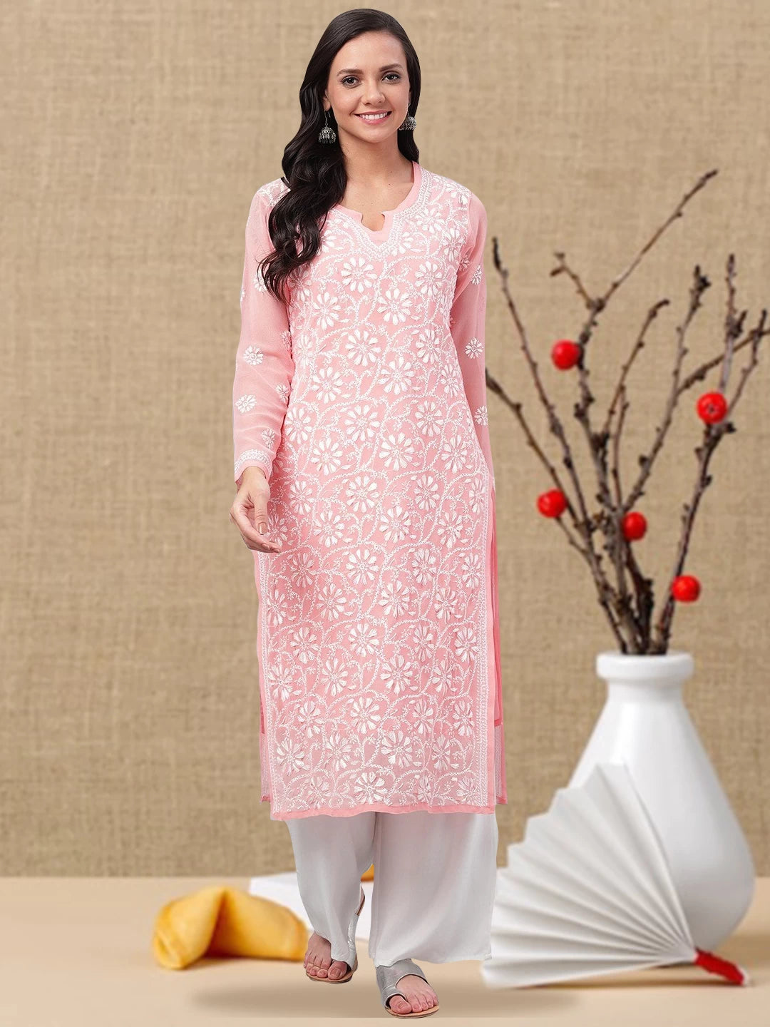 Ada Hand Embroidered Peach Georgette Lucknowi Chikankari Straight Kurta With Slip A90328