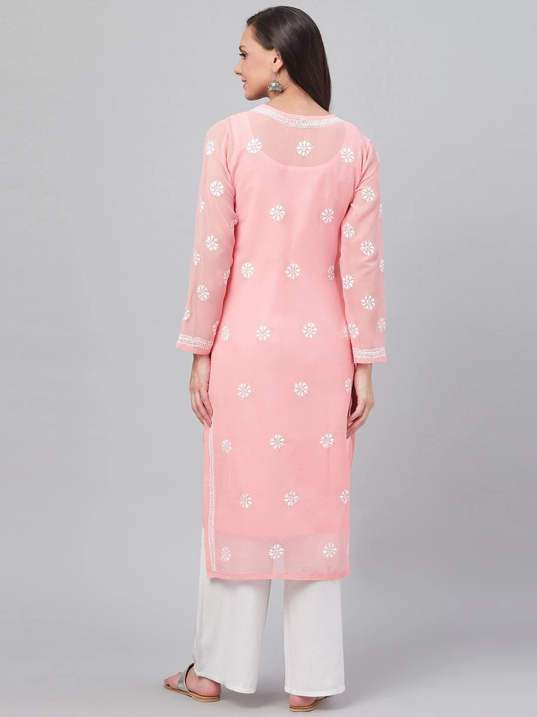 Ada Hand Embroidered Peach Georgette Lucknowi Chikankari Straight Kurta With Slip A90328