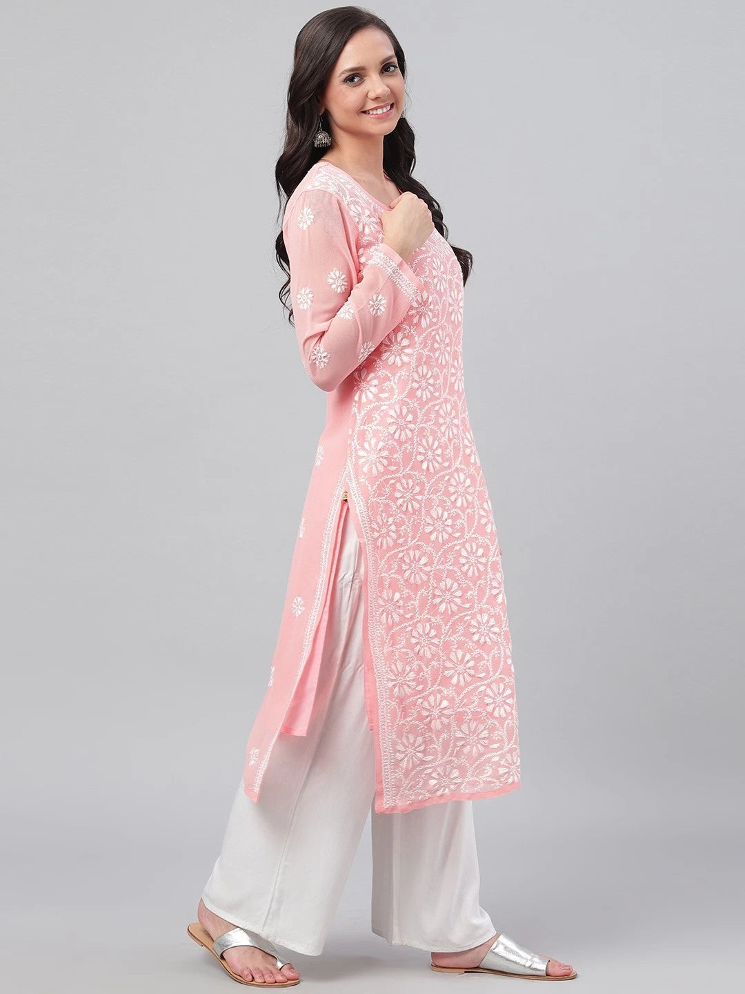 Ada Hand Embroidered Peach Georgette Lucknowi Chikankari Straight Kurta With Slip A90328