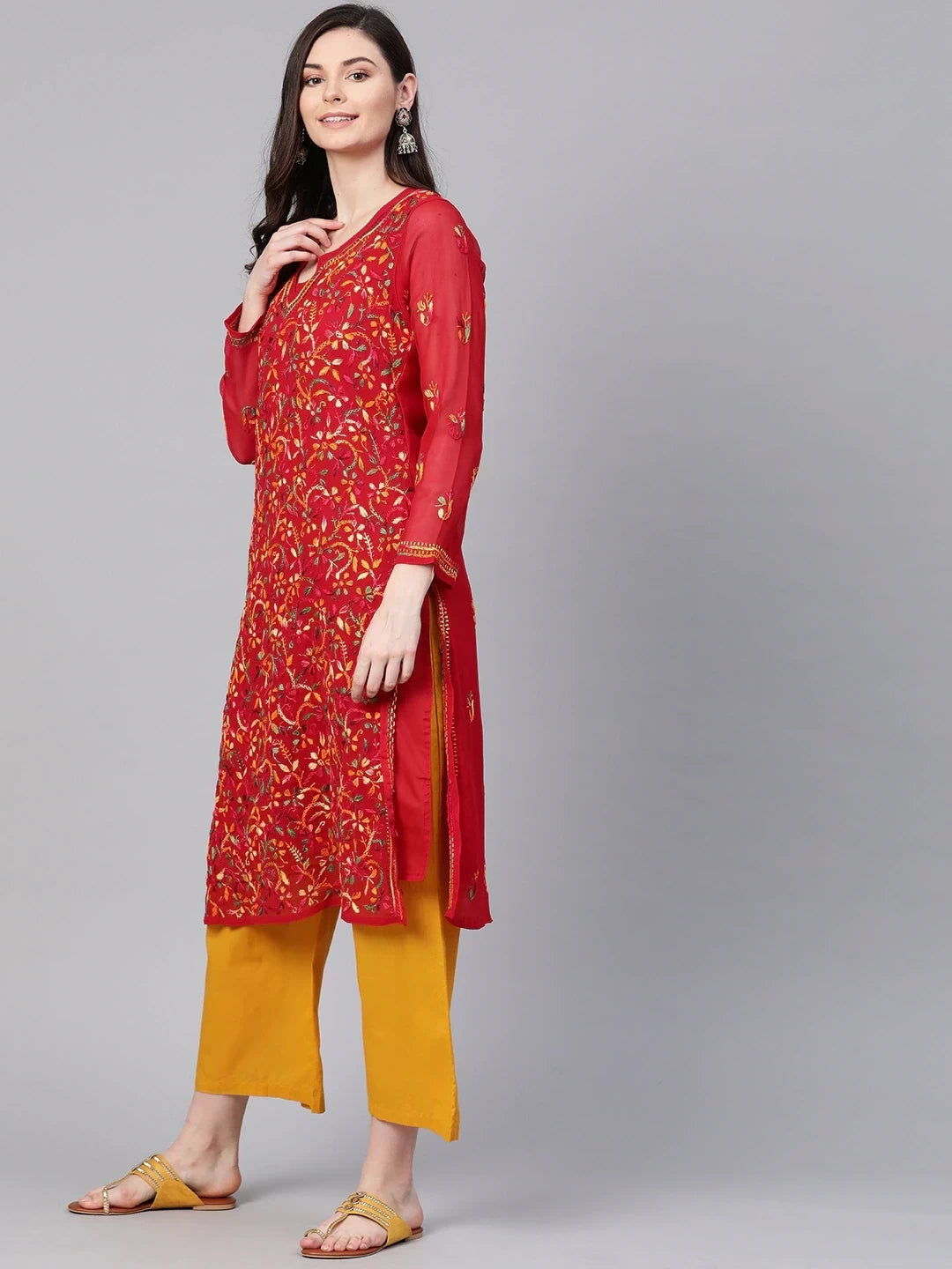 Ada Hand Embroidered Red Georgette Lucknowi Chikankari Straight Kurta With Slip A100348