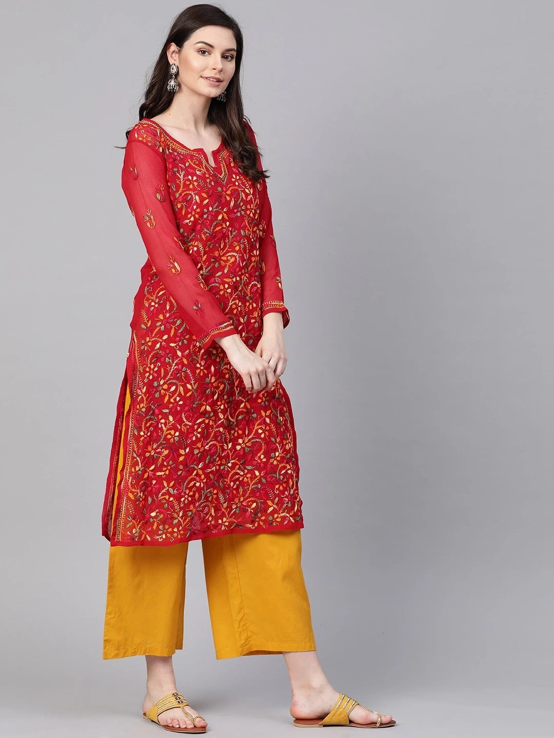 Ada Hand Embroidered Red Georgette Lucknowi Chikankari Straight Kurta With Slip A100348