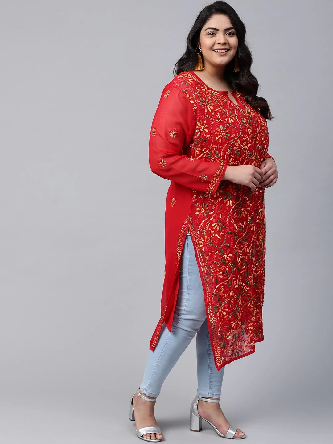 Ada Hand Embroidered Red Georgette Lucknowi Chikankari Straight Kurta With Slip A100348