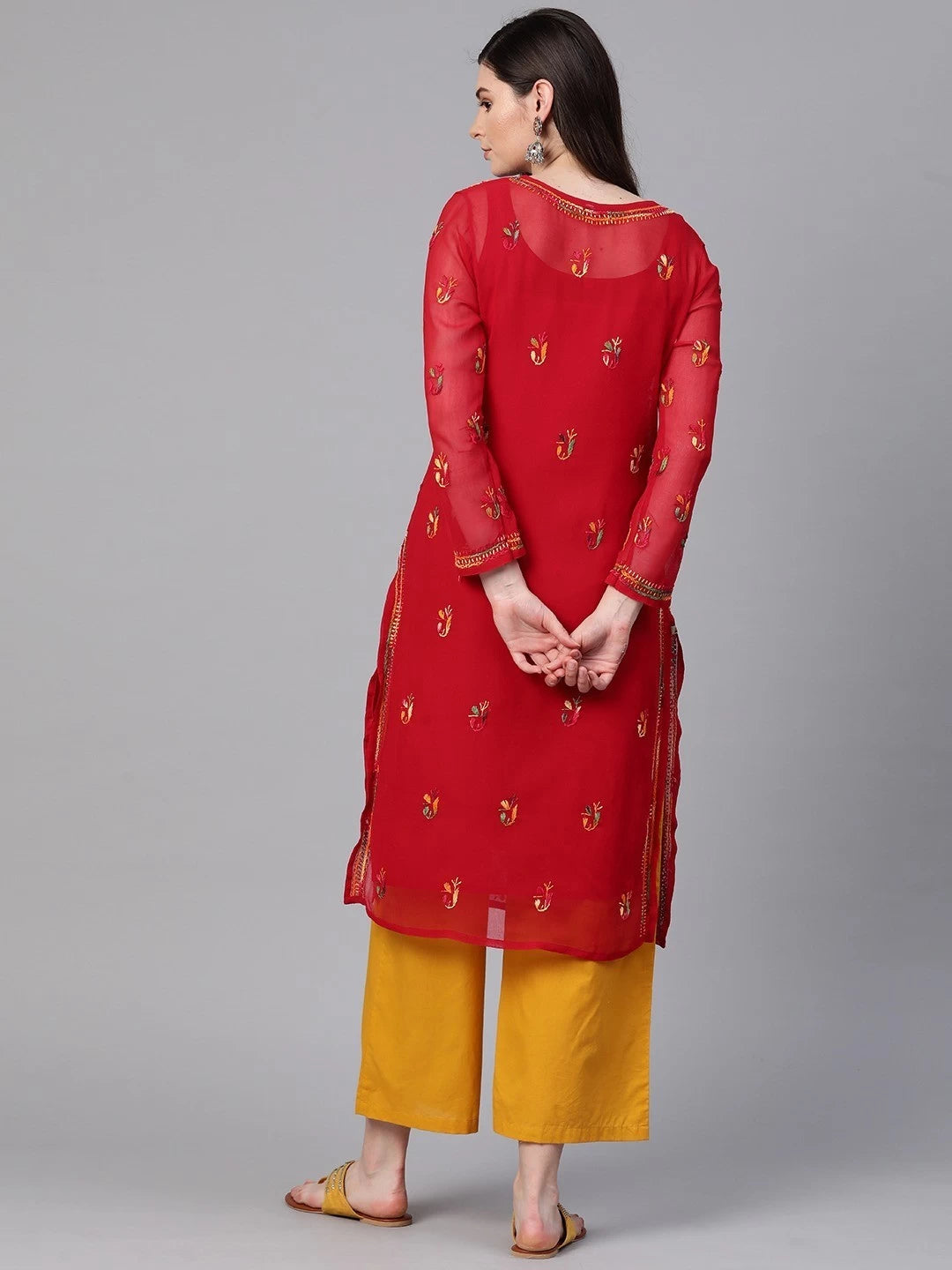 Ada Hand Embroidered Red Georgette Lucknowi Chikankari Straight Kurta With Slip A100348