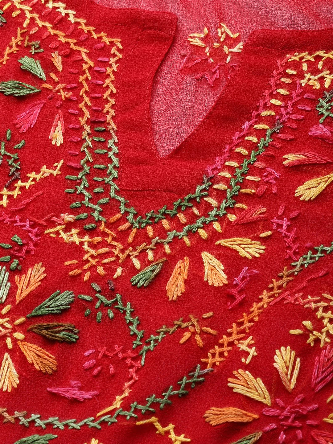 Ada Hand Embroidered Red Georgette Lucknowi Chikankari Straight Kurta With Slip A100348
