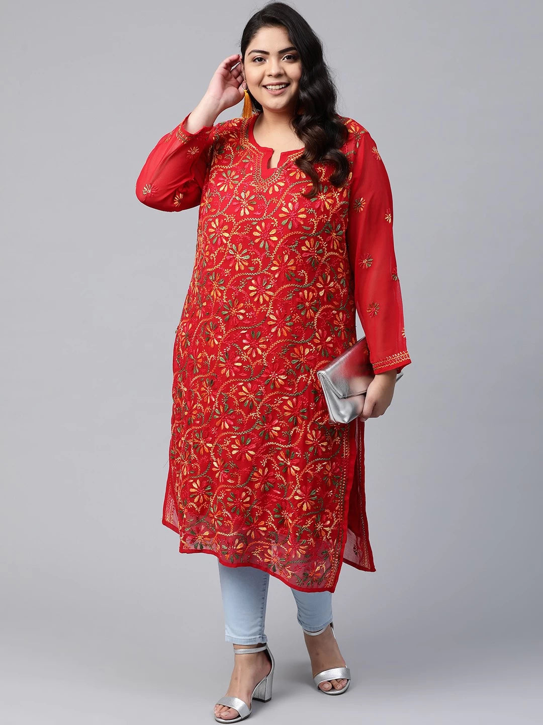 Ada Hand Embroidered Red Georgette Lucknowi Chikankari Straight Kurta With Slip A100348