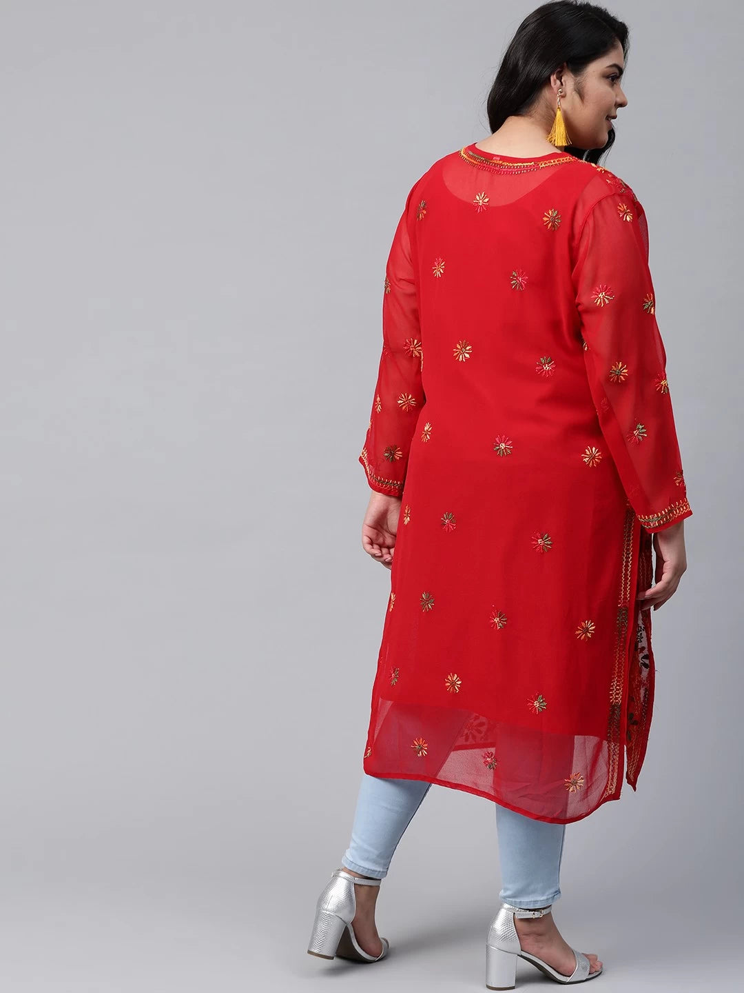 Ada Hand Embroidered Red Georgette Lucknowi Chikankari Straight Kurta With Slip A100348