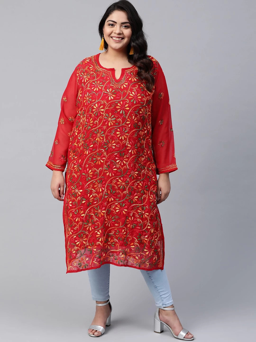 Ada Hand Embroidered Red Georgette Lucknowi Chikankari Straight Kurta With Slip A100348
