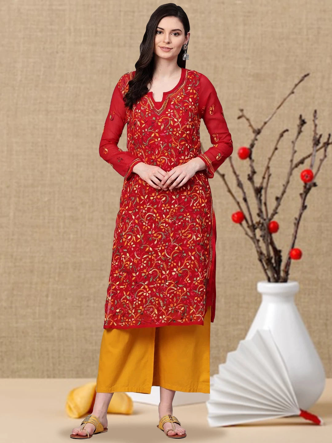 Ada Hand Embroidered Red Georgette Lucknowi Chikankari Straight Kurta With Slip A100348