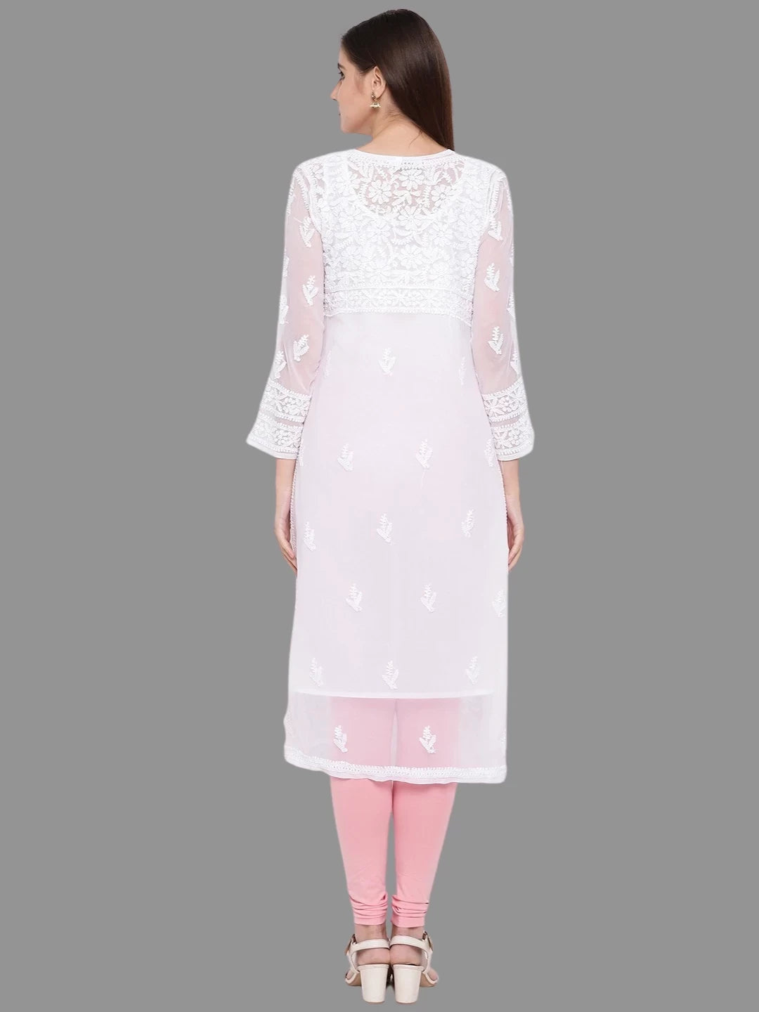 Ada Hand Embroidered White Georgette Lucknowi Chikankari Straight Kurta With Slip A158876