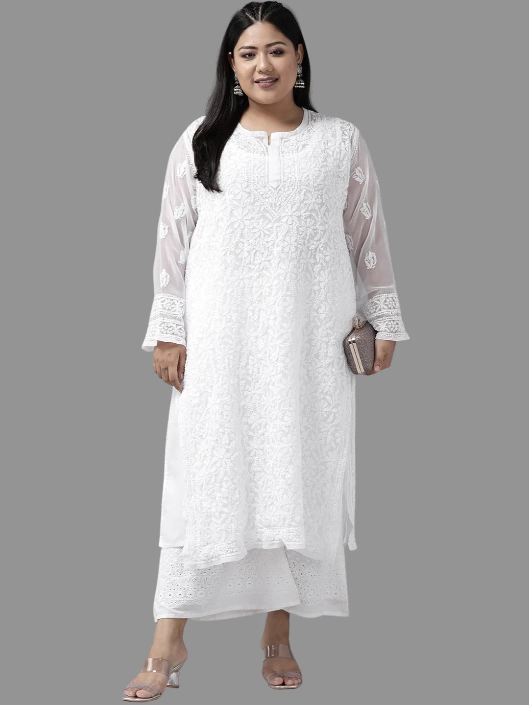Ada Hand Embroidered White Georgette Lucknowi Chikankari Straight Kurta With Slip A158876