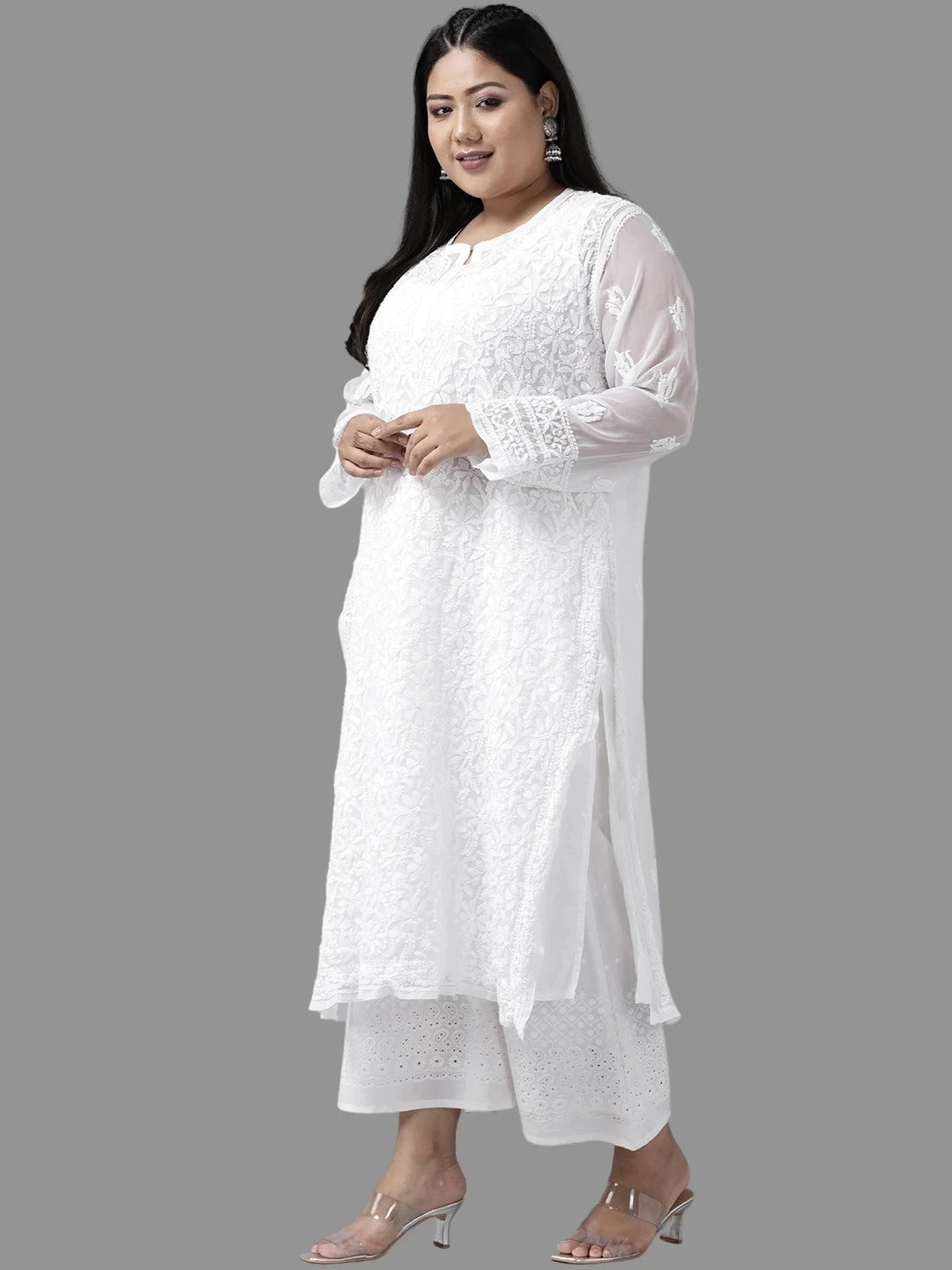 Ada Hand Embroidered White Georgette Lucknowi Chikankari Straight Kurta With Slip A158876