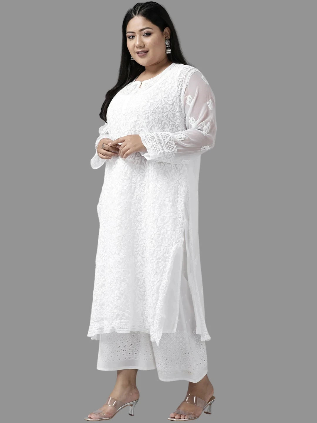 Ada Hand Embroidered White Georgette Lucknowi Chikankari Straight Kurta With Slip A158876