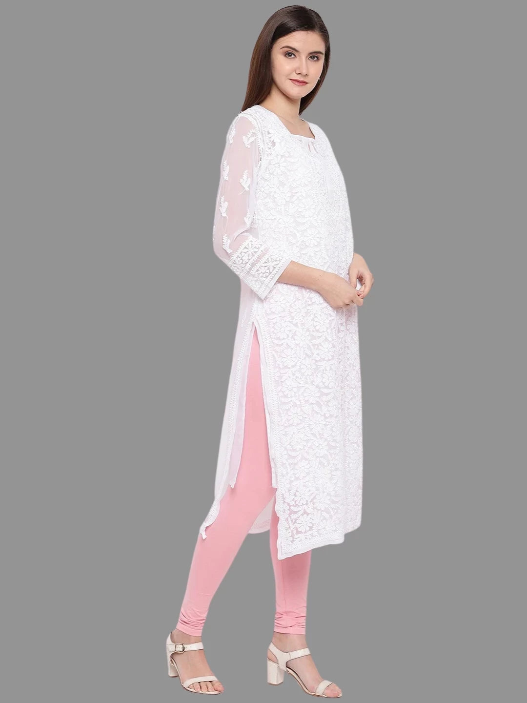 Ada Hand Embroidered White Georgette Lucknowi Chikankari Straight Kurta With Slip A158876