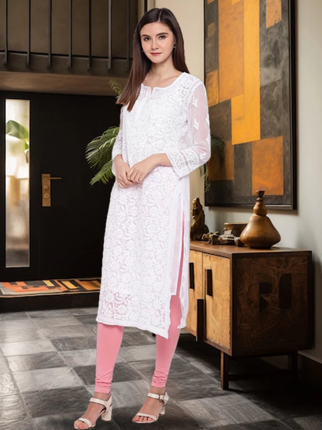 Ada Hand Embroidered White Georgette Lucknowi Chikankari Straight Kurta With Slip A158876