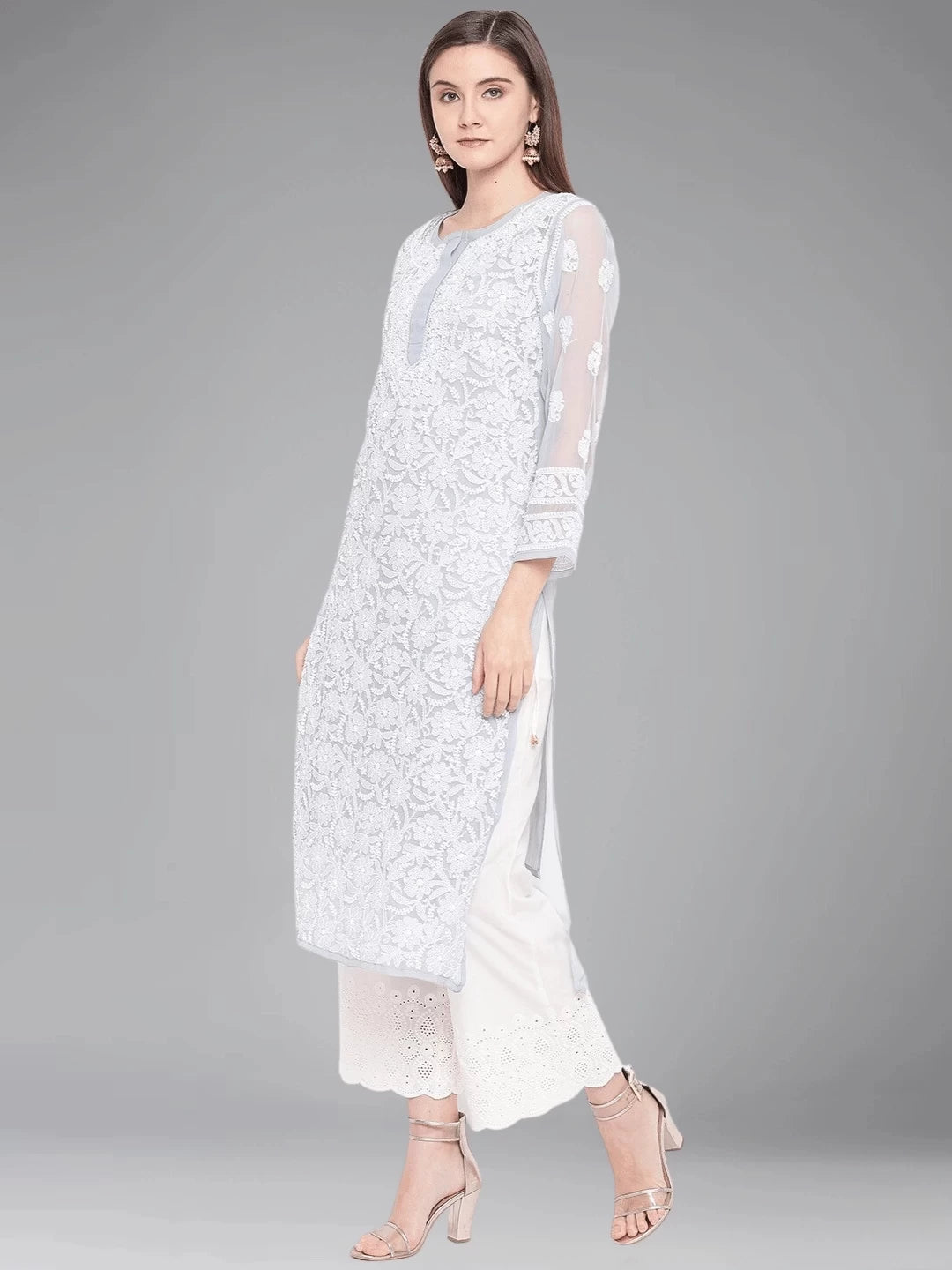Ada Hand Embroidered Grey Georgette Lucknowi Chikankari Straight Kurta with Slip A159413