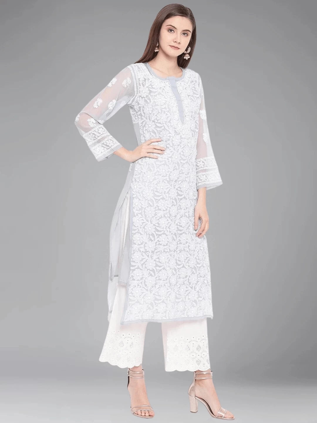 Ada Hand Embroidered Grey Georgette Lucknowi Chikankari Straight Kurta with Slip A159413