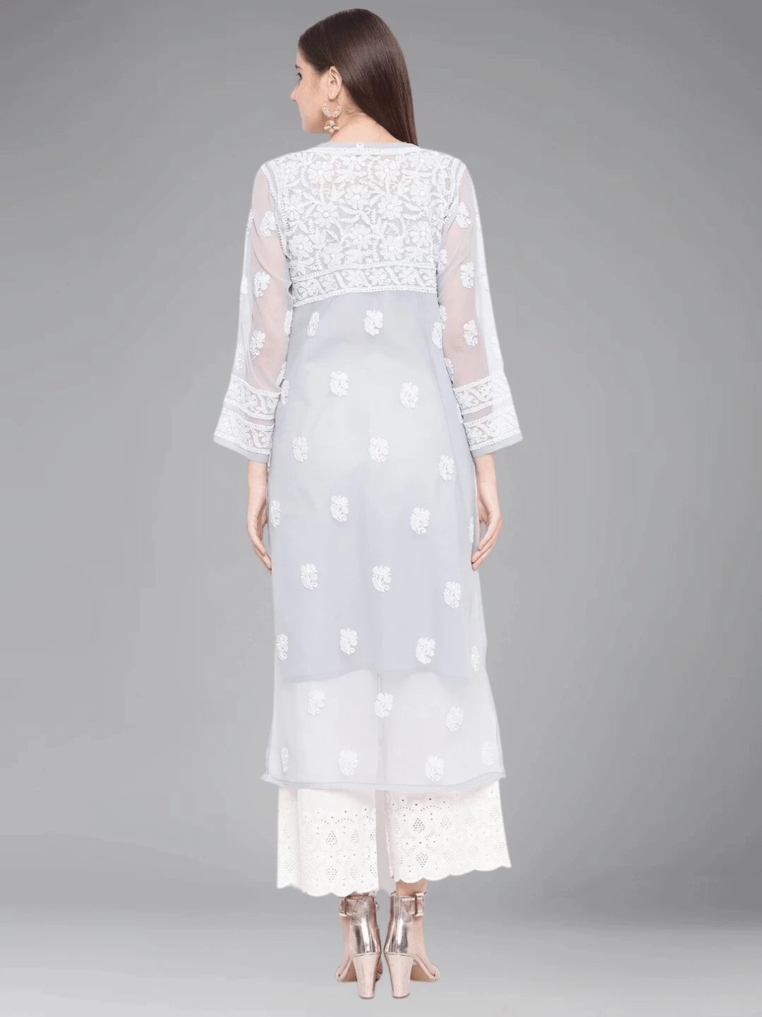 Ada Hand Embroidered Grey Georgette Lucknowi Chikankari Straight Kurta with Slip A159413