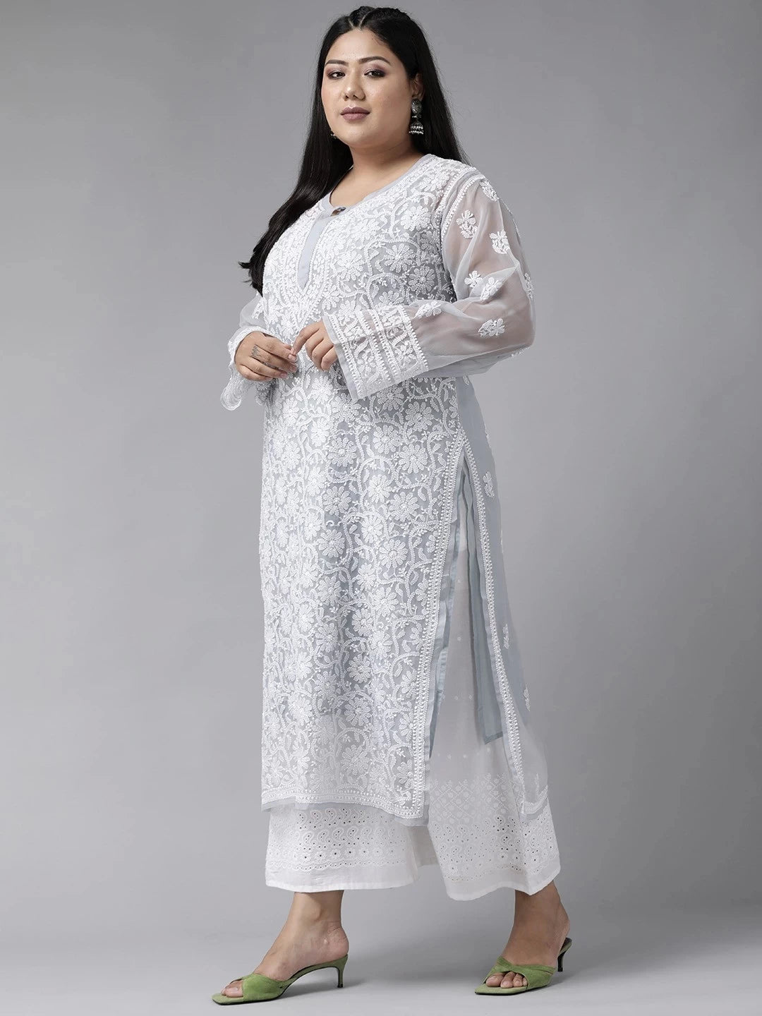 Ada Hand Embroidered Grey Georgette Lucknowi Chikankari Straight Kurta with Slip A159413