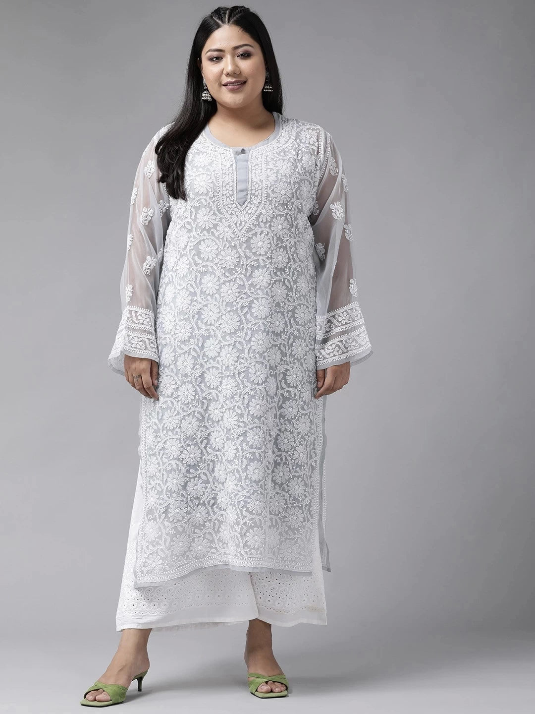 Ada Hand Embroidered Grey Georgette Lucknowi Chikankari Straight Kurta with Slip A159413