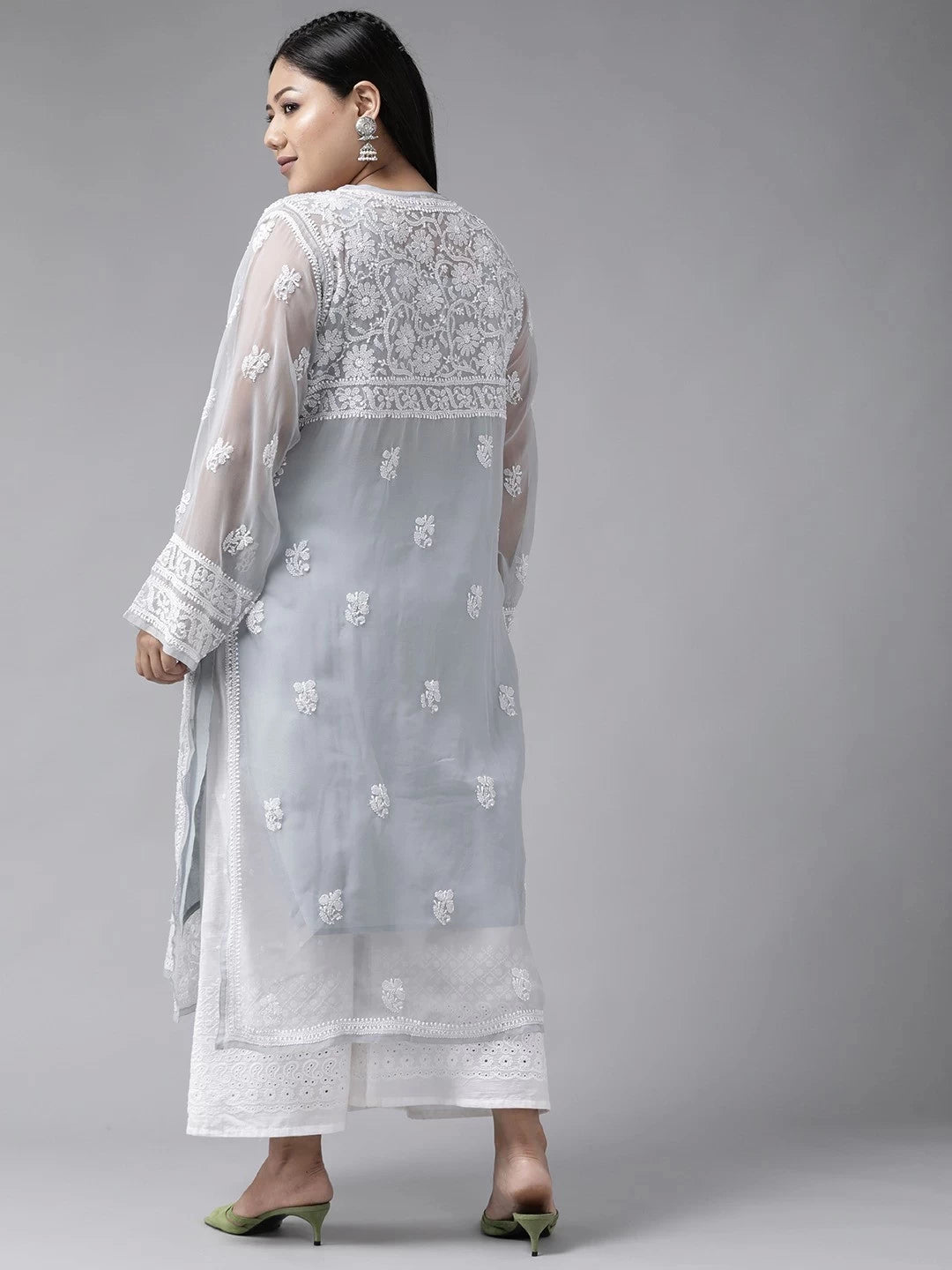 Ada Hand Embroidered Grey Georgette Lucknowi Chikankari Straight Kurta with Slip A159413
