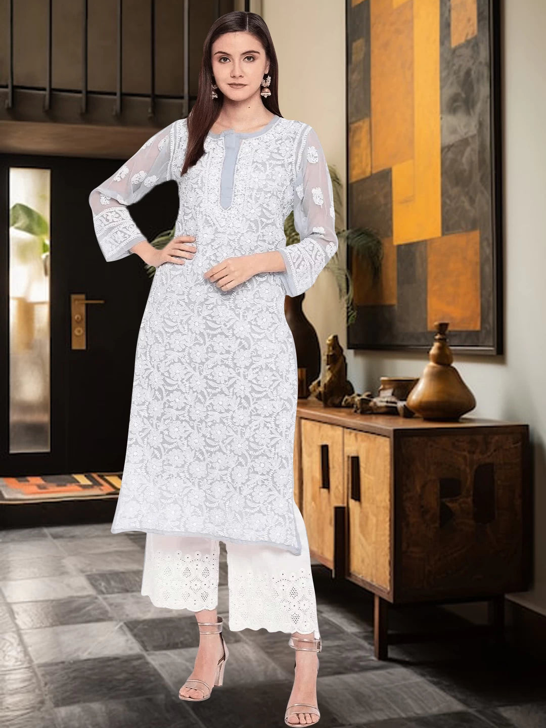 Ada Hand Embroidered Grey Georgette Lucknowi Chikankari Straight Kurta with Slip A159413