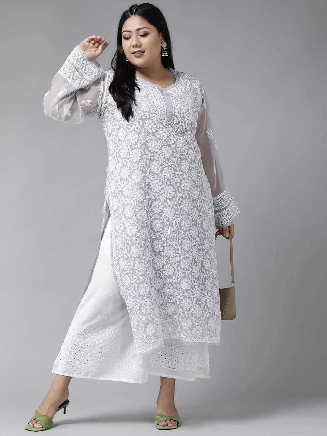 Ada Hand Embroidered Grey Georgette Lucknowi Chikankari Straight Kurta with Slip A159413