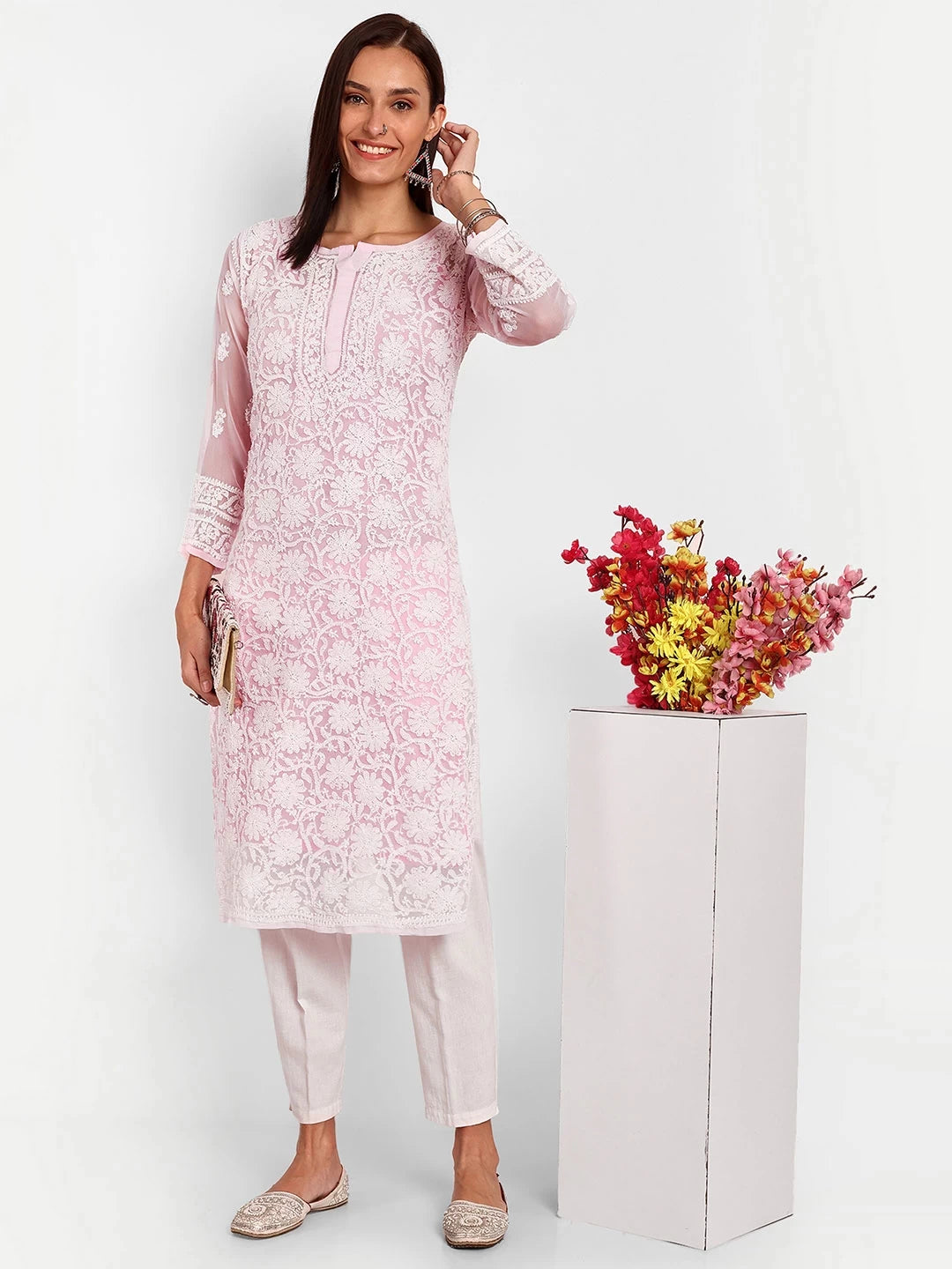 Ada Hand Embroidered Pink Georgette Lucknowi Chikankari Straight Kurta With Slip A116795
