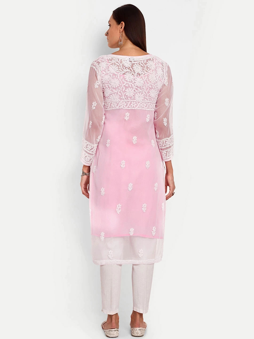 Ada Hand Embroidered Pink Georgette Lucknowi Chikankari Straight Kurta With Slip A116795