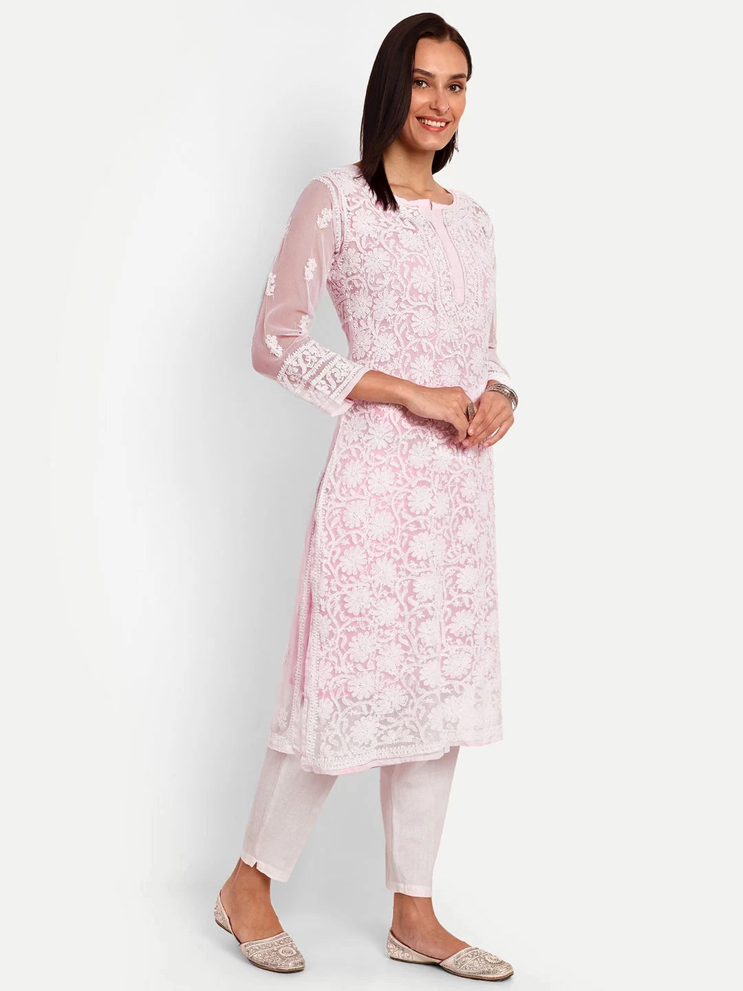 Ada Hand Embroidered Pink Georgette Lucknowi Chikankari Straight Kurta With Slip A116795