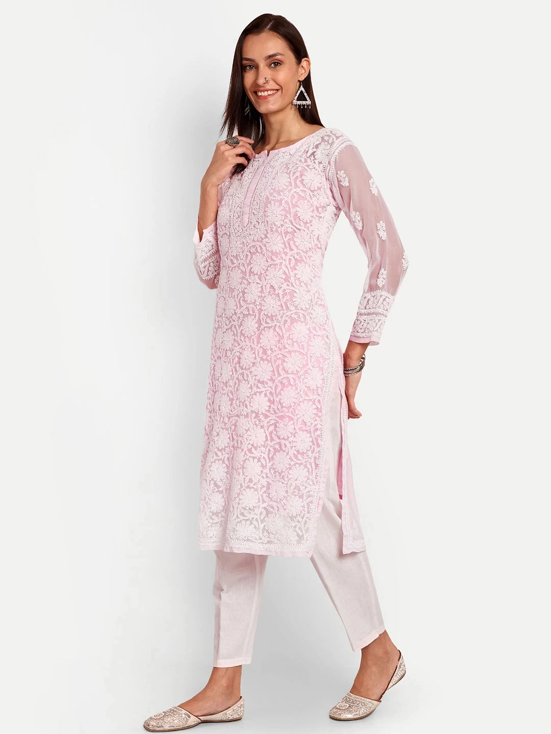 Ada Hand Embroidered Pink Georgette Lucknowi Chikankari Straight Kurta With Slip A116795