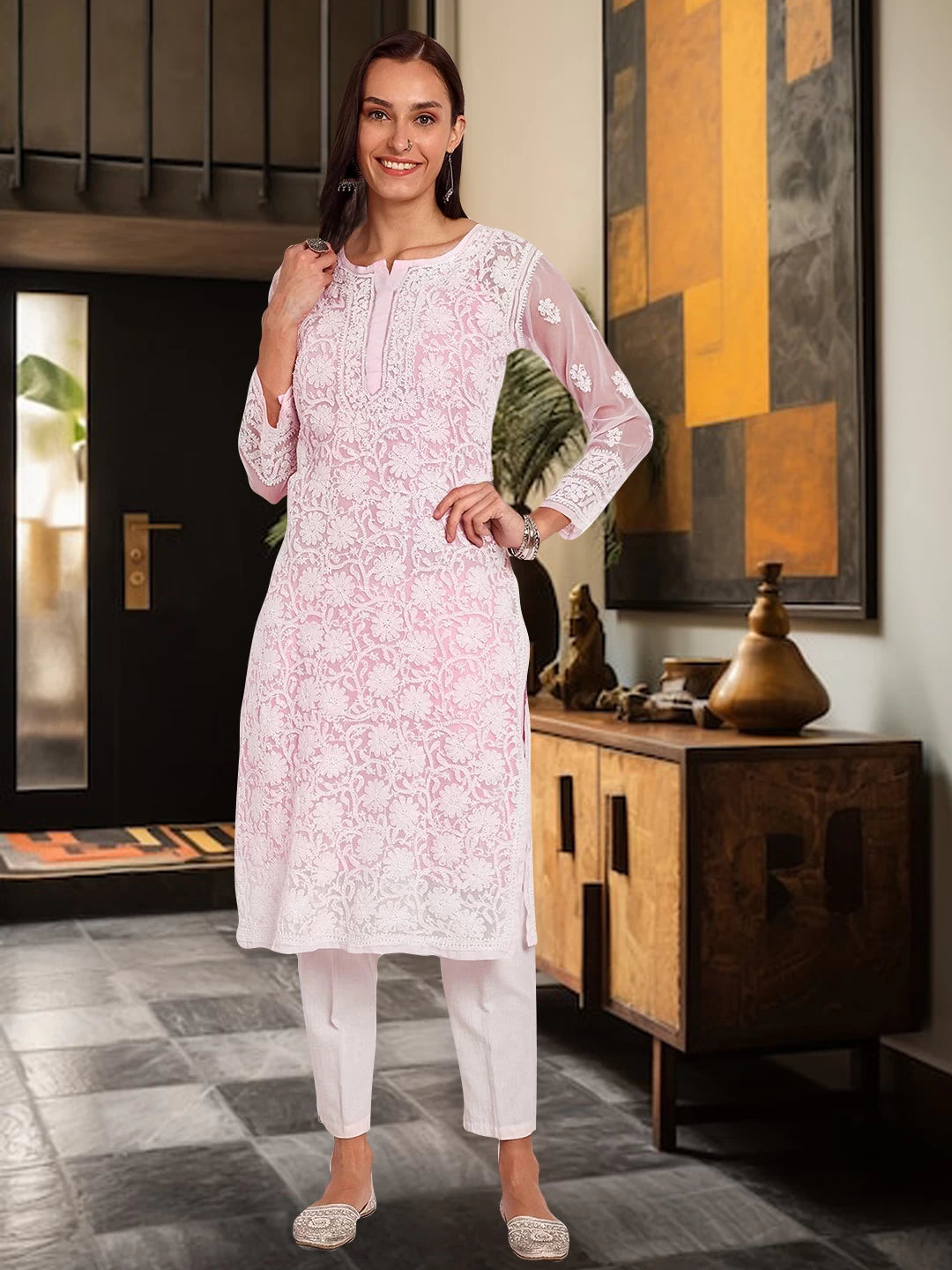 Ada Hand Embroidered Pink Georgette Lucknowi Chikankari Straight Kurta With Slip A116795