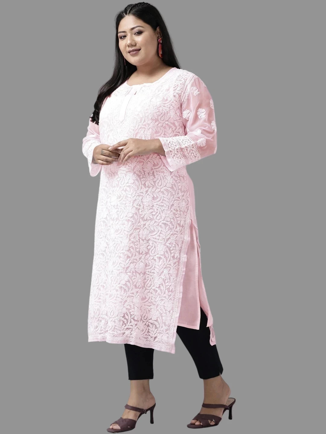 Ada Hand Embroidered Pink Georgette Lucknowi Chikankari Straight Kurta With Slip A116795