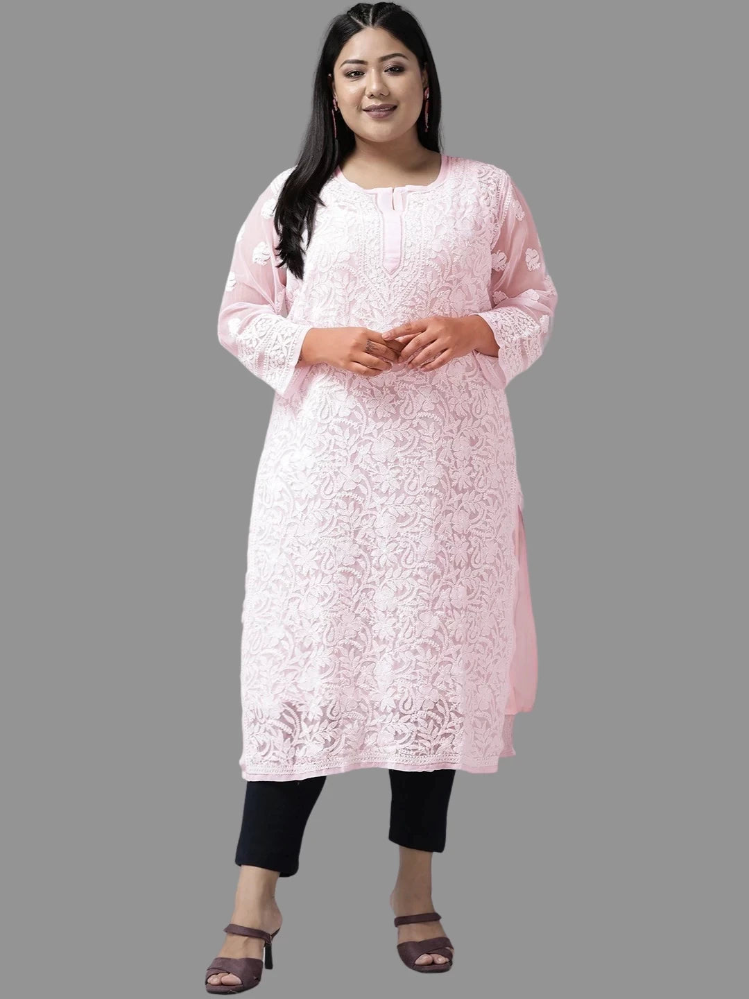 Ada Hand Embroidered Pink Georgette Lucknowi Chikankari Straight Kurta With Slip A116795