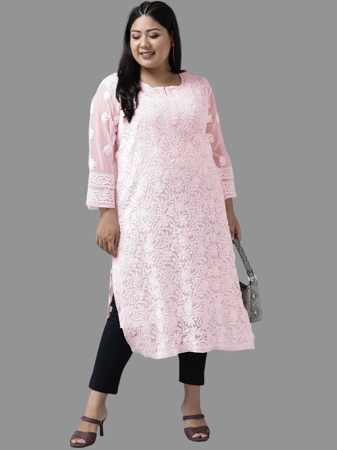 Ada Hand Embroidered Pink Georgette Lucknowi Chikankari Straight Kurta With Slip A116795