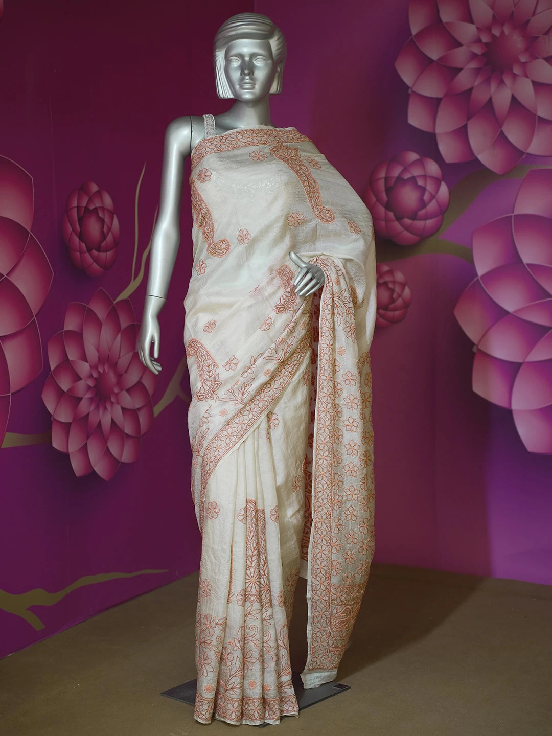 Ada Hand Embroidered Cream Silk Lucknowi Chikankari Saree With Blouse 01A481031