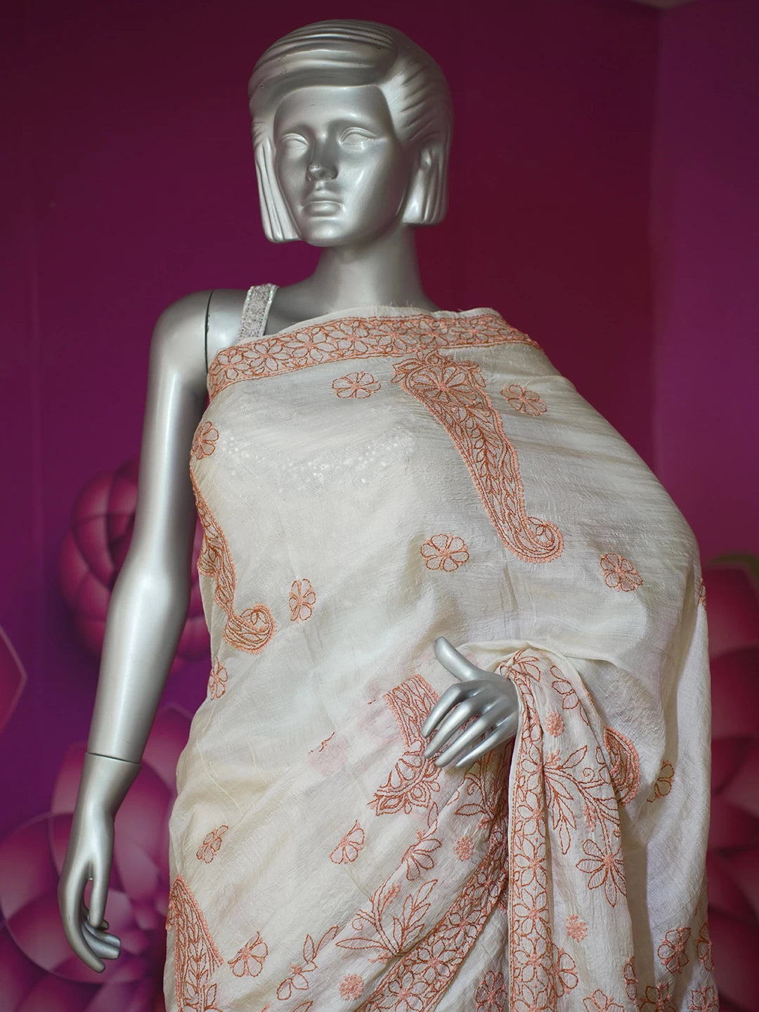 Ada Hand Embroidered Cream Silk Lucknowi Chikankari Saree With Blouse 01A481031
