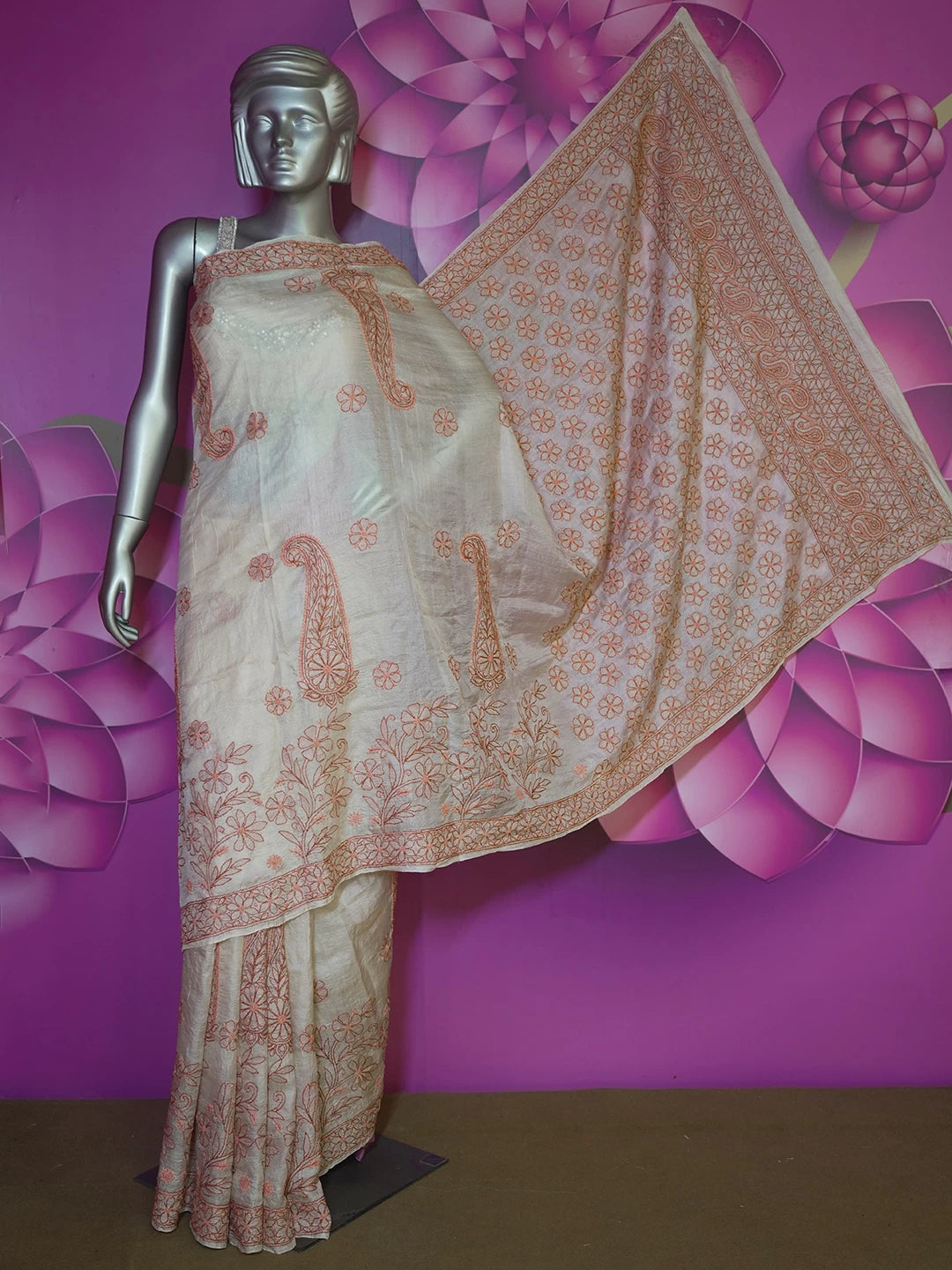 Ada Hand Embroidered Cream Silk Lucknowi Chikankari Saree With Blouse 01A481031