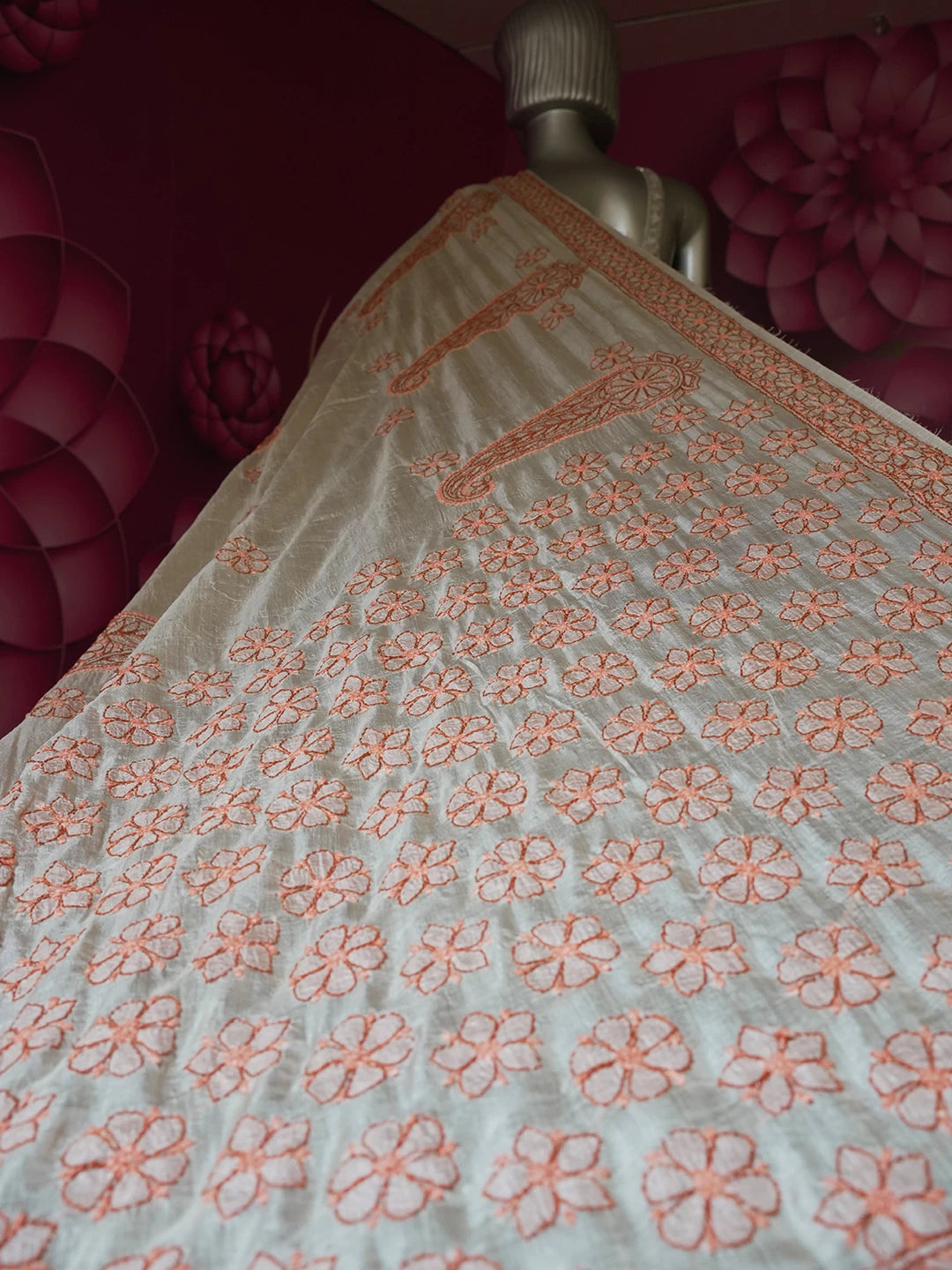 Ada Hand Embroidered Cream Silk Lucknowi Chikankari Saree With Blouse 01A481031