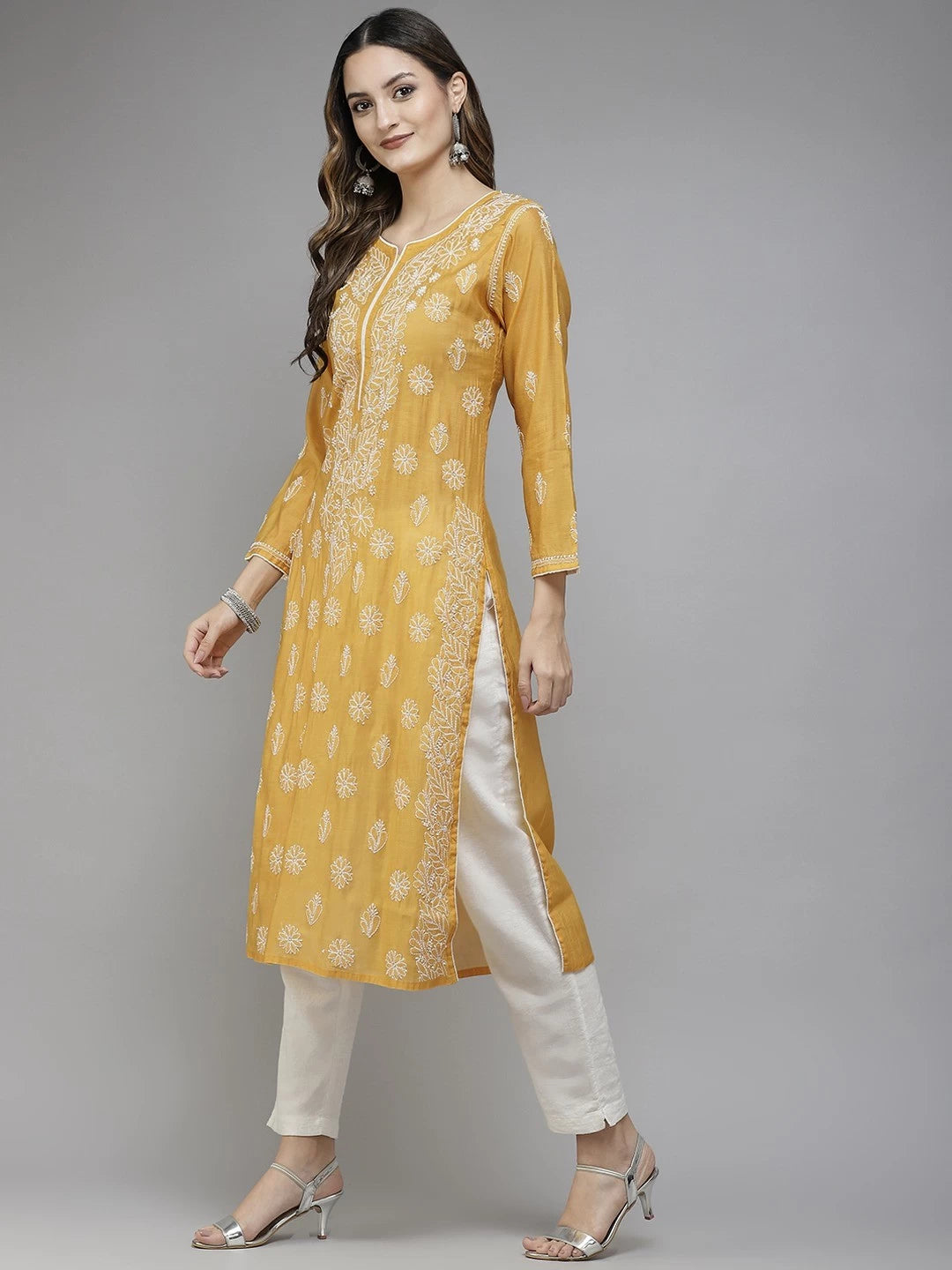Ada Hand Embroidered Mustard Chanderi Lucknowi Chikan Straight Kurta A411387