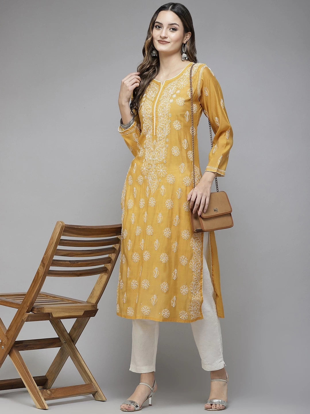 Ada Hand Embroidered Mustard Chanderi Lucknowi Chikan Straight Kurta A411387