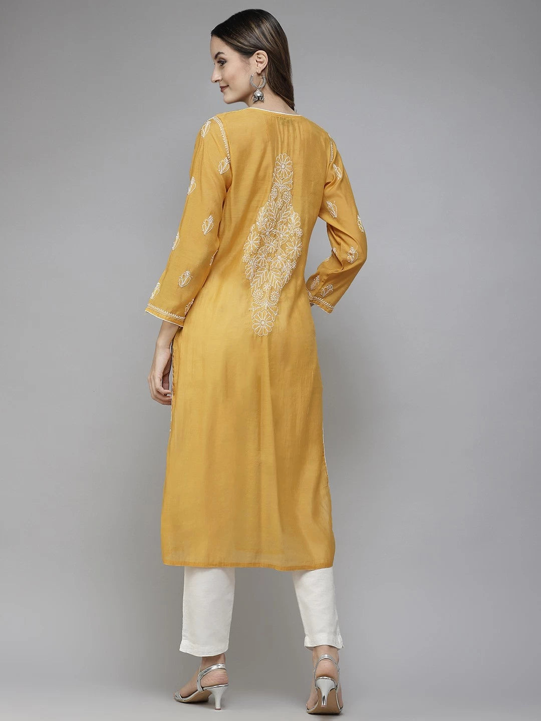 Ada Hand Embroidered Mustard Chanderi Lucknowi Chikan Straight Kurta A411387