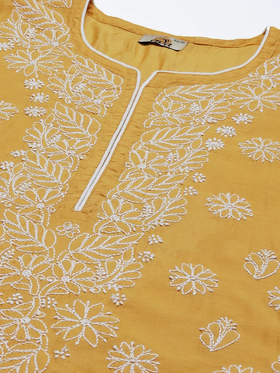 Ada Hand Embroidered Mustard Chanderi Lucknowi Chikan Straight Kurta A411387