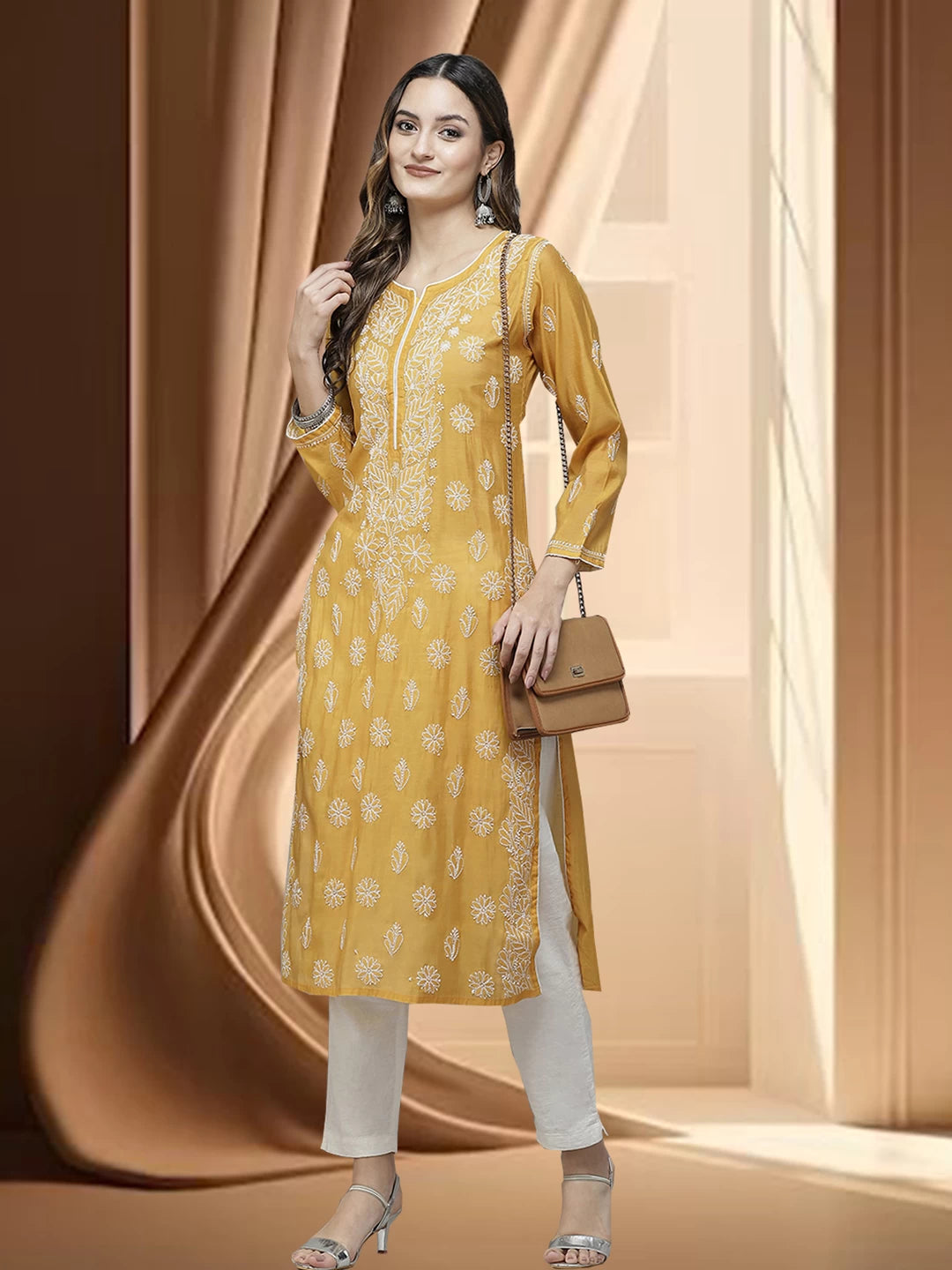 Ada Hand Embroidered Mustard Chanderi Lucknowi Chikan Straight Kurta A411387