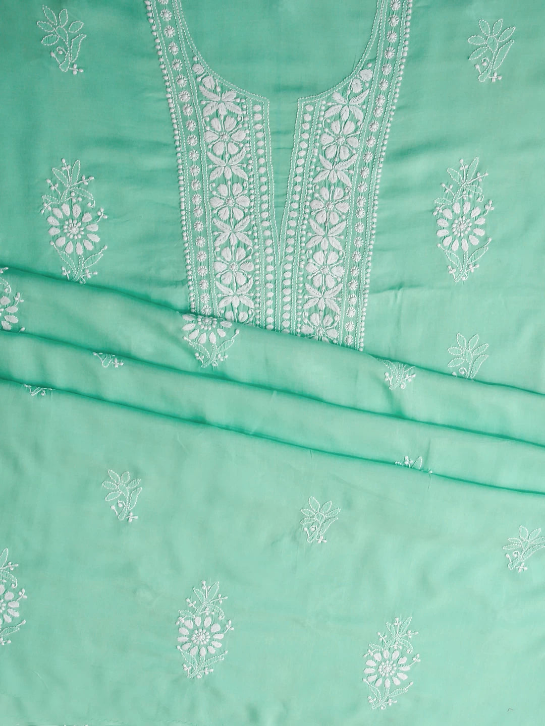 Ada Hand Embroidered Sea Green Lucknowi Chikankari Unstitched Kurta Piece 01A477530