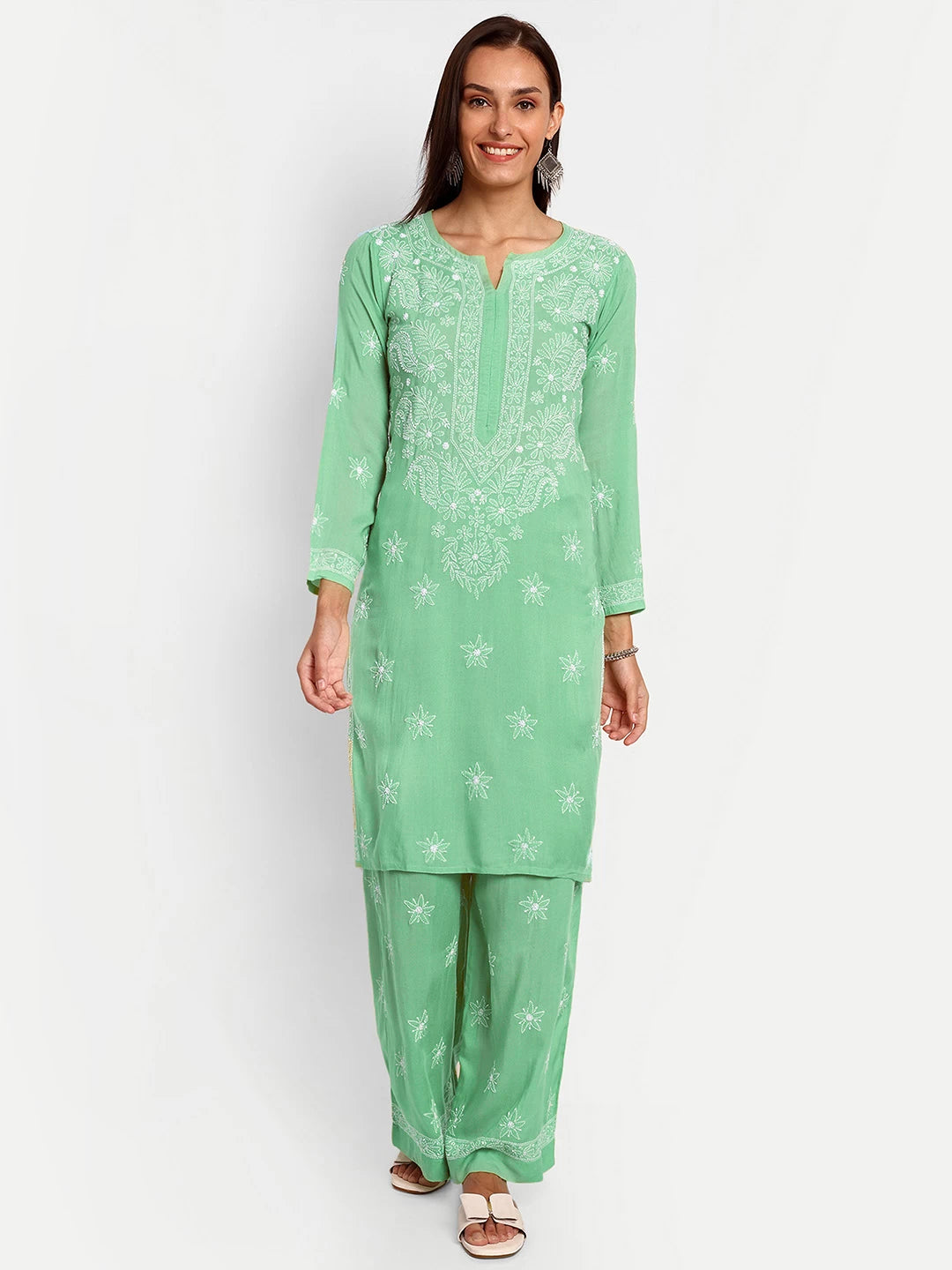 Ada Hand Embroidered Sea Green Modal Lucknowi Chikankari Co-ord Set A811237