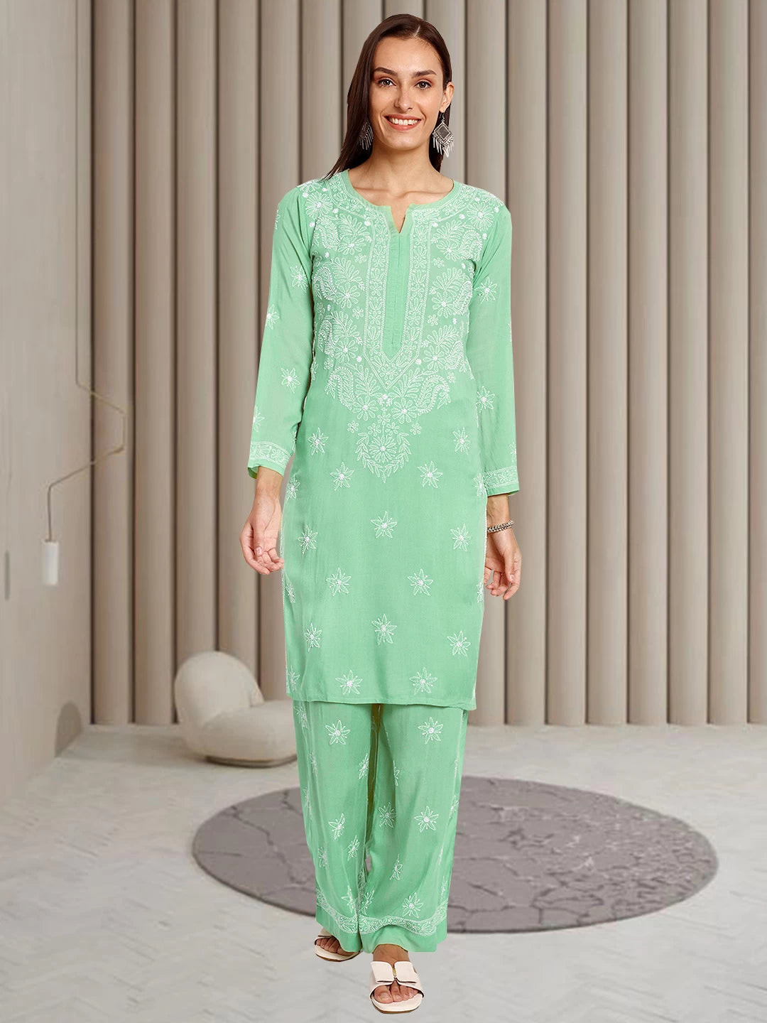 Ada Hand Embroidered Sea Green Modal Lucknowi Chikankari Co-ord Set A811237