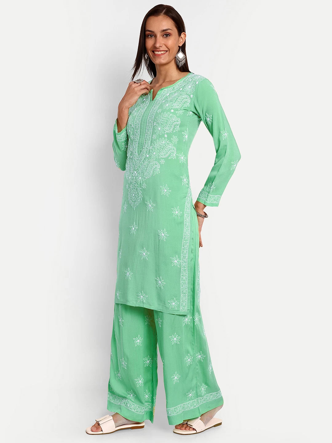 Ada Hand Embroidered Sea Green Modal Lucknowi Chikankari Co-ord Set A811237