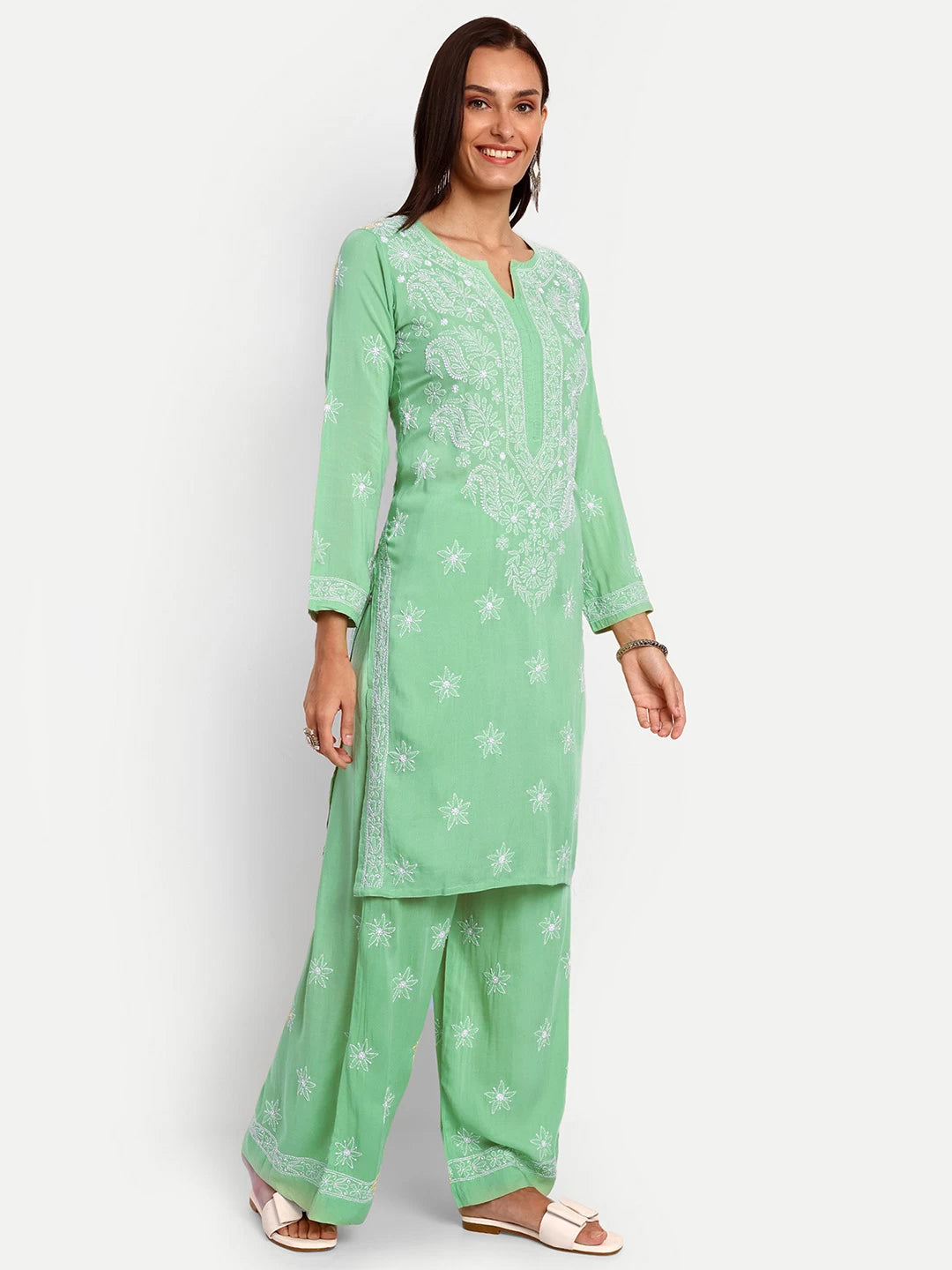 Ada Hand Embroidered Sea Green Modal Lucknowi Chikankari Co-ord Set A811237