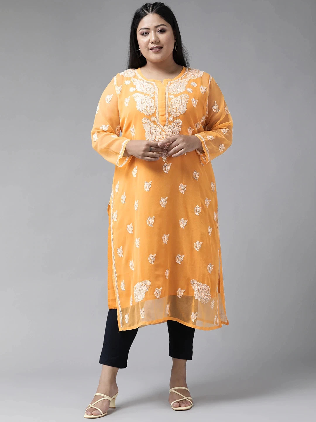 Ada Hand Embroidered Mustard Georgette Lucknowi Chikankari Straight Kurta With Slip A411158
