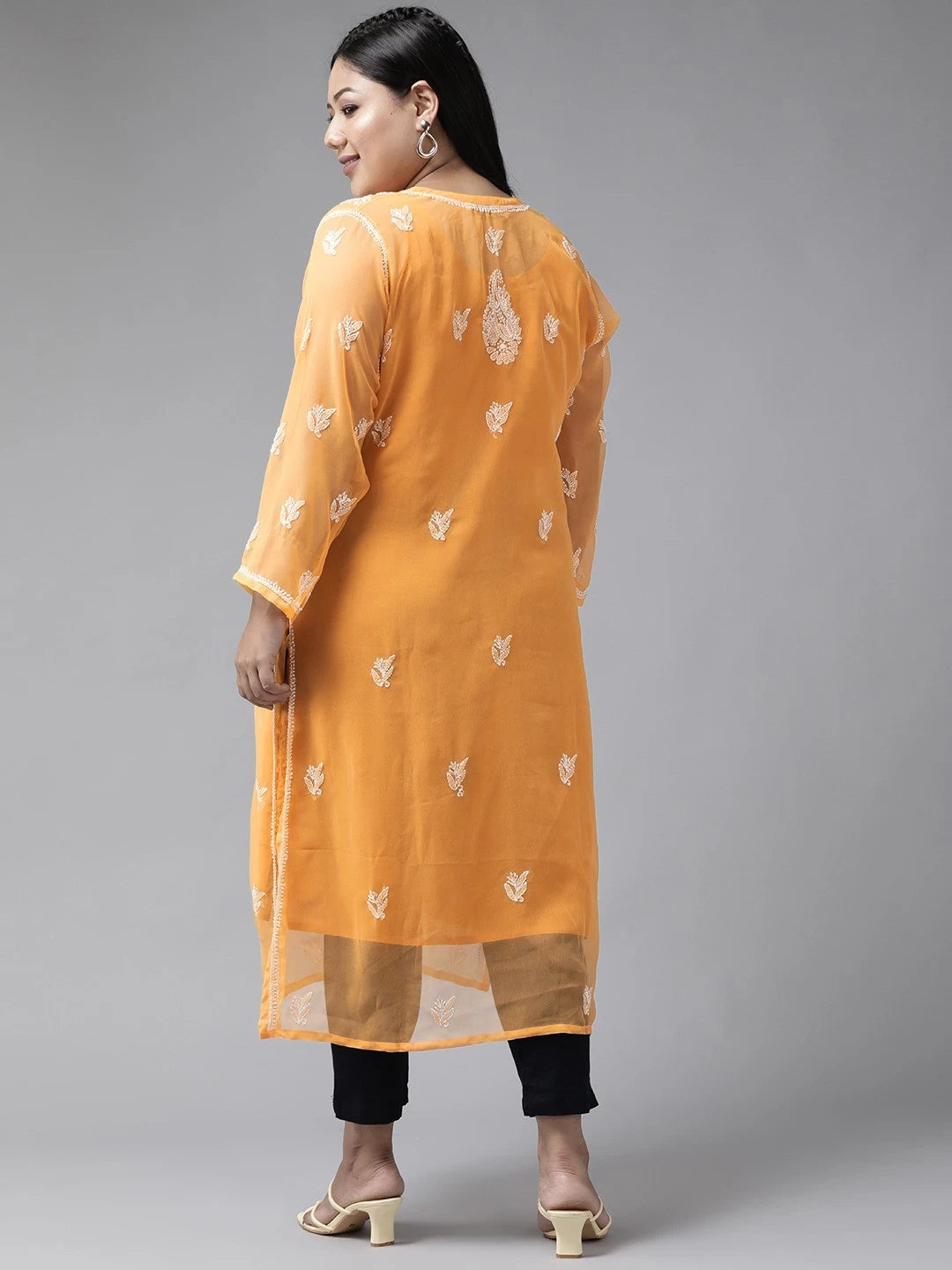 Ada Hand Embroidered Mustard Georgette Lucknowi Chikankari Straight Kurta With Slip A411158